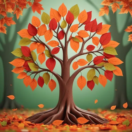 Prompt: Create tree with 10 roots, trunk, 5 branches and leaves. It's autumn. The leaves are coloured in orange, red and green. Some of the leaves are already falling. Use an iconic style.