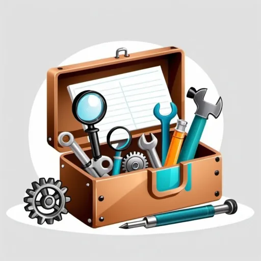 Prompt: toolbox with magnifying glass, notebook, pencil, ruler, gears, wrench, hammer, screw driver, balance and wrench (on transparant background, clipart)