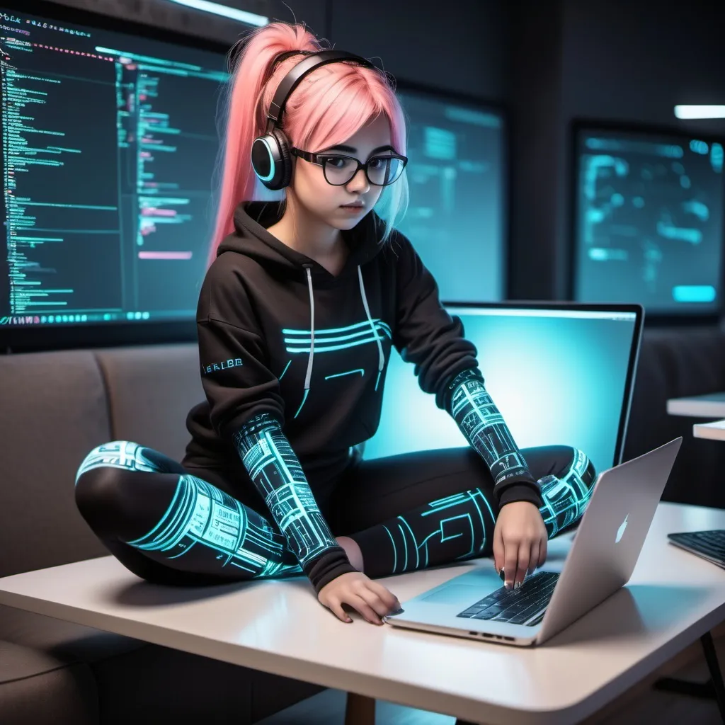 Prompt: a cyberpung girl with leggings while coding in a cool laptop