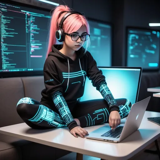 Prompt: a cyberpung girl with leggings while coding in a cool laptop