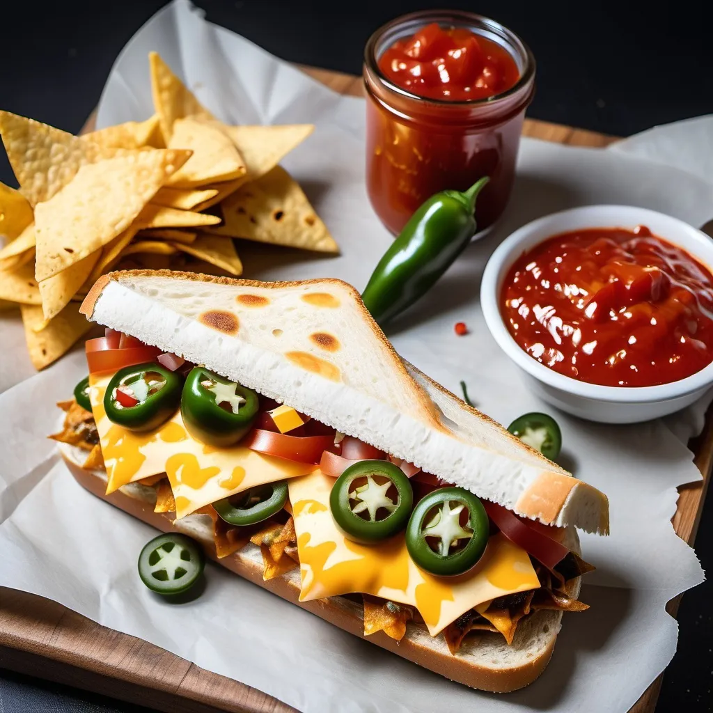 Prompt: a yummy sandwich with cheese jalapeños nachos and salsa with a nice decoration