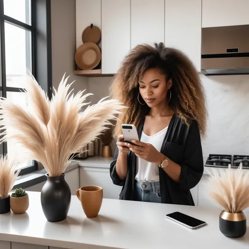 Prompt: A black business woman drinking coffee in her apartment and has a bunch of pampas grass in a vase in the corner for room.  She is on her phone leaning by the counter. she has wavy hair and boho interior home.