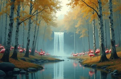 Prompt: a birch tree forest with a few waterfalls and flamingos in the back