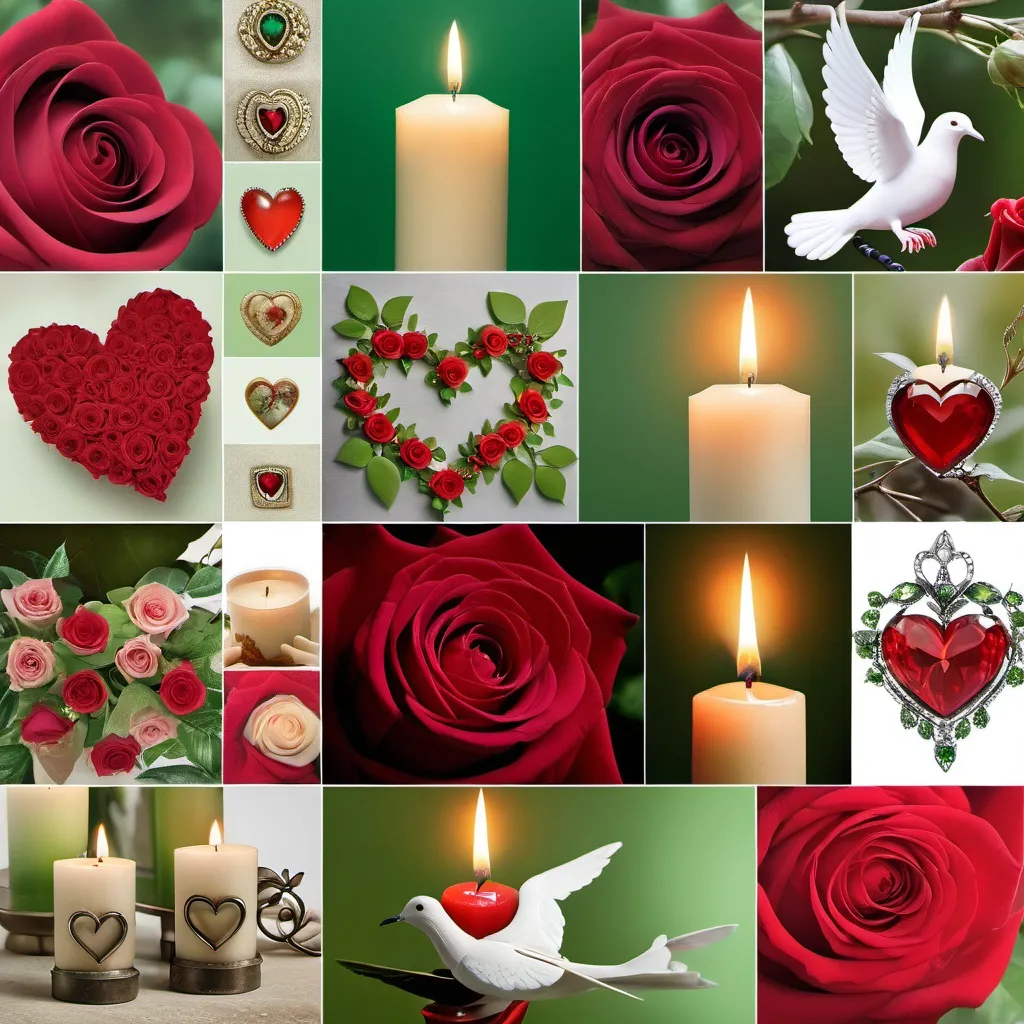 Prompt: red and green collage of inspiring images
5 boxes across, using candle, trees, flowers, dove, roses, hearts, jewels
