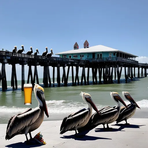 Prompt: Cocoa beach pier with pelicans drinking beer