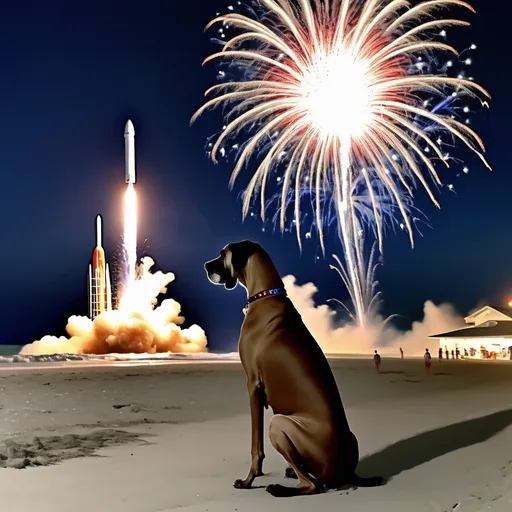 Prompt: trump blasting off on a space X rocket from the cocoa beach pier with a greatdane and fireworks