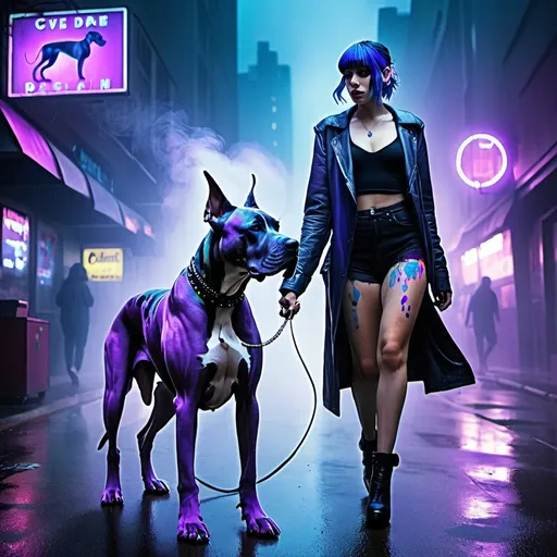 Prompt: blue and purple hair lady walking a great dane, natural ears, harlequin, cyborg, rain, neon lights, smoke