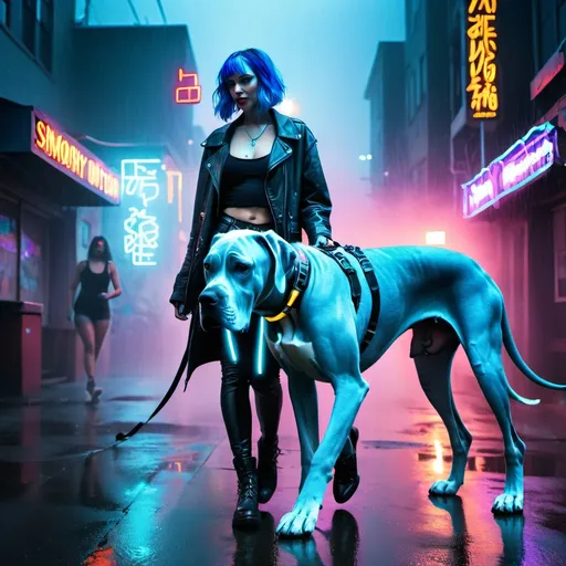 Prompt: blue hair lady walking a great dane, cyborg, rain, neon lights, smoke