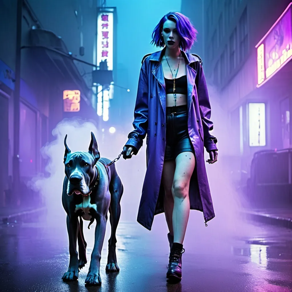 Prompt: blue and purple hair lady walking a great dane, natural ears, harlequin, cyborg, rain, neon lights, smoke