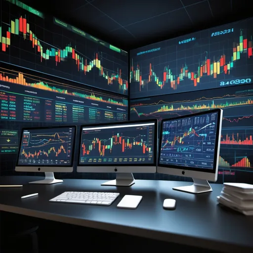 Prompt: "Create a visually engaging and dynamic image that captures the essence of trading. The background should feature a blend of vibrant financial charts, candlestick patterns, and stock market tickers, showcasing the constant movement of the markets. Incorporate abstract representations of data analytics, such as graphs and numerical data, to highlight the analytical aspect of trading. Use a color palette that includes deep greens, blues, and subtle gold accents to evoke a sense of success and professionalism. The overall composition should be modern and eye-catching, making it suitable for promotional material or social media content related to trading."