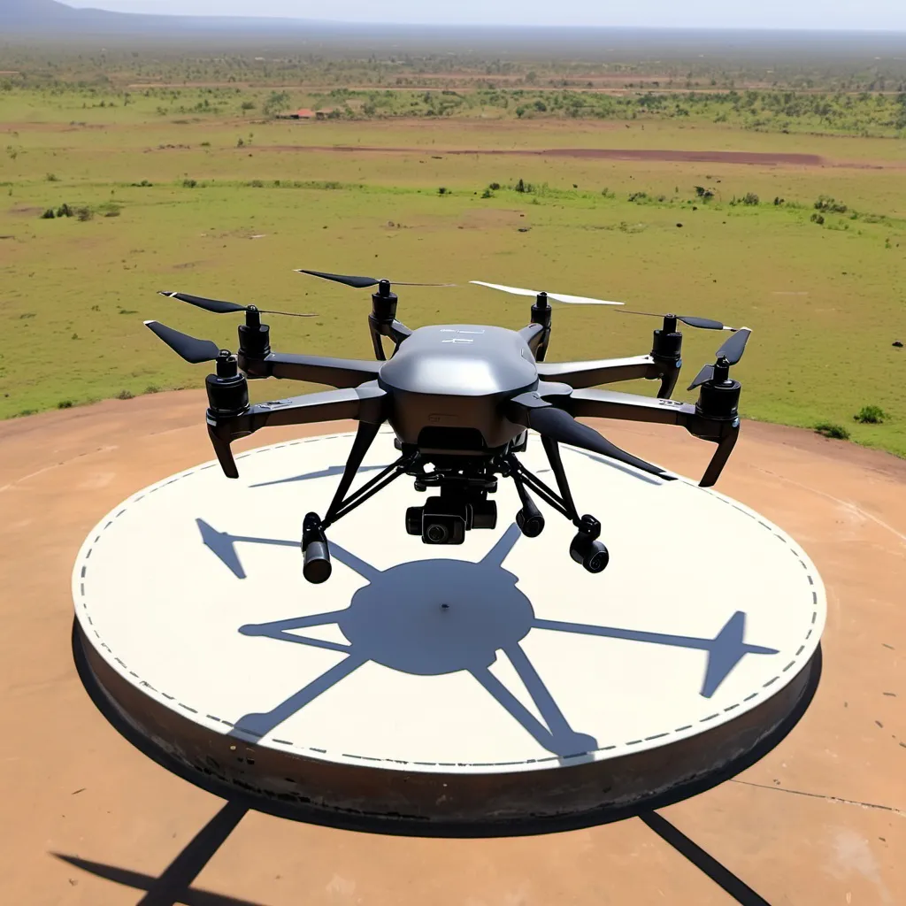 Prompt: drone landing on helipad in africa