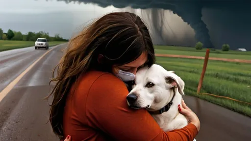 Prompt: Woman hugging dog in fear of tornado