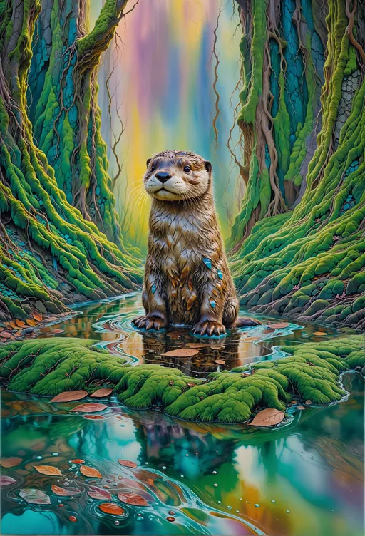 Prompt: An otter pup resting in a puddle of vibrant colors all running together like paint swirled with a brush.