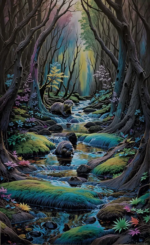 Prompt: Otter pups playing in a psychedelic stream amidst a dark and ominous forest.