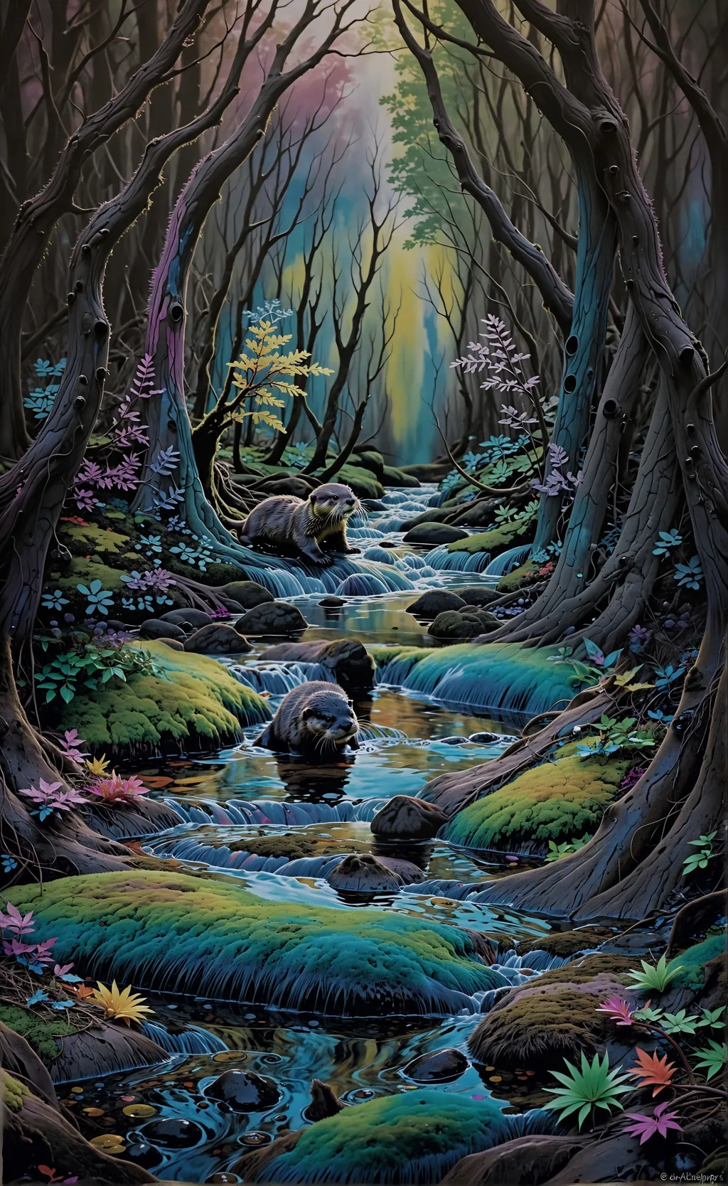 Prompt: Otter pups playing in a psychedelic stream amidst a dark and ominous forest.