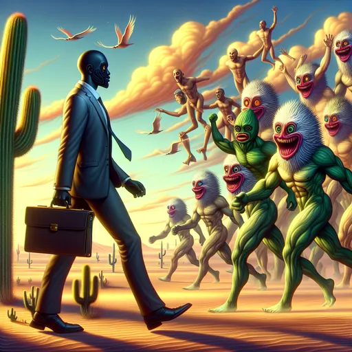 Prompt: A depiction of a fluid business man, with exaggerated facial features and elongated limbs. He lurks through the desert, past bipedal cactus creatures with laughing expressions. Above him, the sky is filled with psychedelic bird human hybrids with cloud hair. Psychedelic. Surreal. Detailed lighting. High contrast.