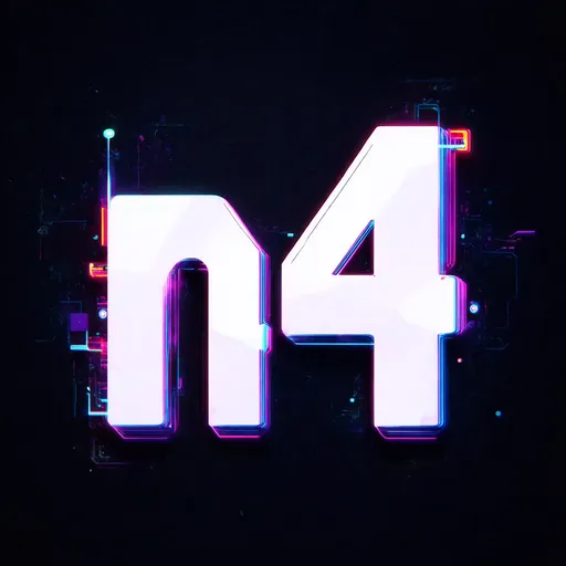 Prompt: (accurately spelled text "n4"), Cyberpunk profile picture, (minimalistic) design, vibrant colors, futuristic elements, 3D rendered, smooth geometric shapes, dark background, sleek lines, stark contrasts, high-tech ambiance, digital aesthetics, modern visual style, (HD) quality, perfect for online avatars.