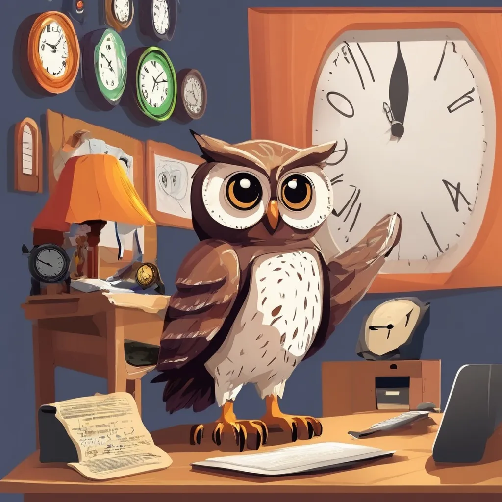 Prompt: owl in her room with big clock and desk