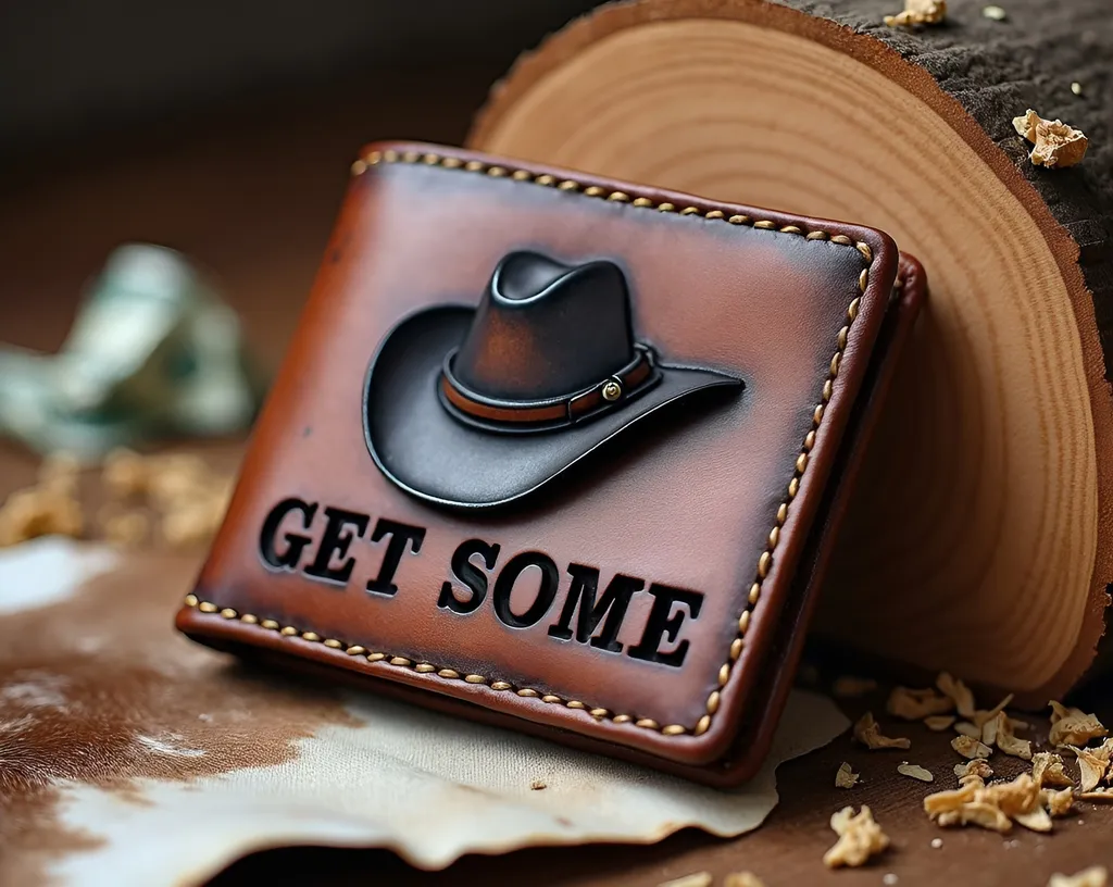 Prompt: rectangular Leather bifold wallet, worn burnished dark edges, large embossed letters "GET SOME", 
 intricate hand carved engraving of a western cowboy hat , laying flat on a rough cut large rectangular dimensional Pink cedar lumber, Curved wood shavings, cow skin rug on the floor, Crumpled paper money in the background, Studio Lighting, Studio environment, in focus product shot, high detail