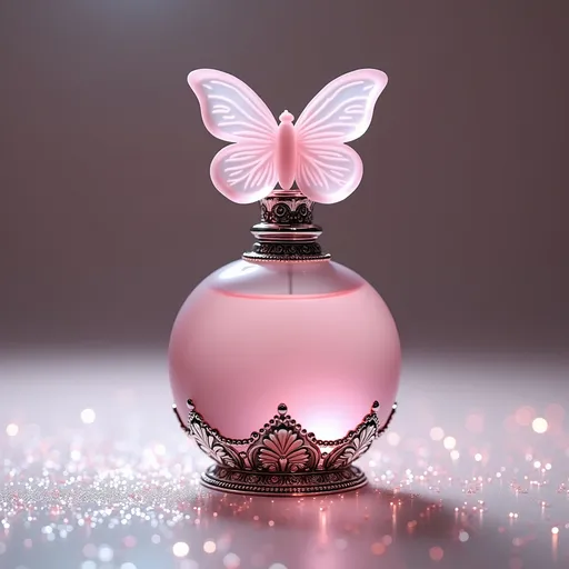 Prompt: Product shot, small round perfume bottle, pink frosted glass, silver ornate filigree base, no silver at top of bottle, carved  frosted glass pink butterfly stopper on top, sparkles on floor, studio environment, Studio Lighting, hyperrealism, high detail