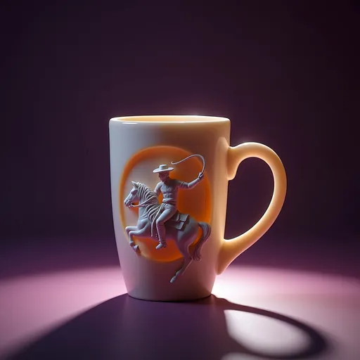 Prompt: carved (wax sculpture),subsurface scattering, On the side of  coffee mug Cowboy on horse swinging lasso,  soft studio lighting, dim purple rim light, art studio environment, product shot, photorealism, hyper real, light bloom