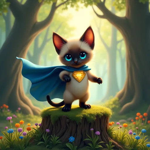 Prompt: At the top of the image, in bold, capitalized letters, include the text 'ADVENTURE STARTS HERE.' Below this text, create a brave Siamese kitten superhero standing confidently on a mossy tree stump in an enchanted forest. The kitten has large pointed ears, bright blue eyes, and is wearing a flowing blue cape with a golden emblem that faintly glows. The forest features tall, ancient trees with dappled sunlight streaming through the leaves, and vibrant wildflowers scattered around the stump. The kitten's fur is slightly tousled by a gentle breeze, and its stance is bold, ready for an adventure.