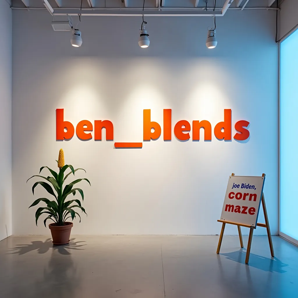 Prompt: in the background Letters on the wall in bright orange paint ("ben_blends") Studio environment, soft lighting, blue rim light, white walls, ( in the foreground a large sign in a stand), letter on sign "joe biden corn maze", one corn stalk plant standing upright