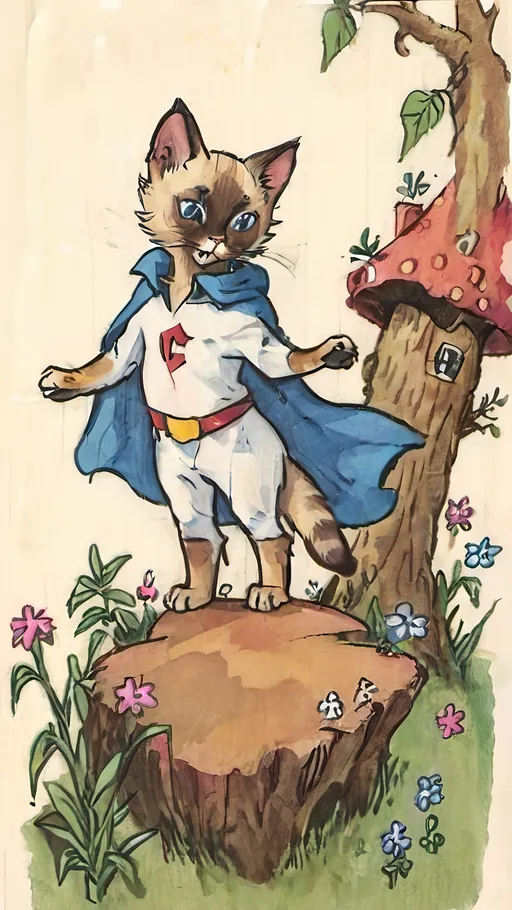 Prompt: Create a playful Siamese kitten with large, expressive ears and bright blue eyes. The kitten is now wearing a superhero cape, this time in a flowing fabric, with a bold 'C' on the chest (standing for 'Curiosity'). Its fur is a bit fluffier, and the kitten is standing on one paw as if in mid-leap, ready for action. The background is a whimsical garden with oversized flowers and small, cozy treehouses in the distance, giving a magical, adventurous vibe. The colors should be vibrant, and the overall feel is energetic and fun.