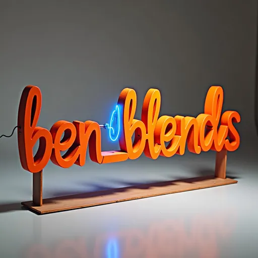 Prompt: In a single line the letters ("ben_blends") in Thick orange paint, with a blue light inside, on a stand, studio  background, kinetic art, an abstract sculpture, high detail, sharp focus