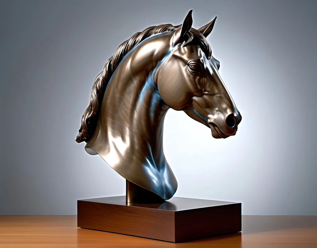 Prompt: a bronze statue, horse head on a wooden base, stainless steel table, a perfectly lit shot, studio environment, photorealistic, make it as a mock-up photo, 3 point studio lighting with blue rim light, soft grey gradient background