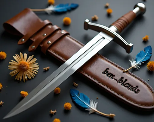 Prompt: a Gentleman's sword, sleek slim highly polished double edged sword, minimalist smooth hilt and pommel, simple elegant curves, letters stamped on sheath showing "ben_blends", weathered stained distressed leather sheath,  thick stitching, dried flowers and blue feathers scattered about the floor, high quality rendering, realistic 3D modeling, dramatic lighting, studio lighting effects, commercial photograph, transparent shadows, dynamic composition, product shot, intricate details, professional, highres, ben_blends design