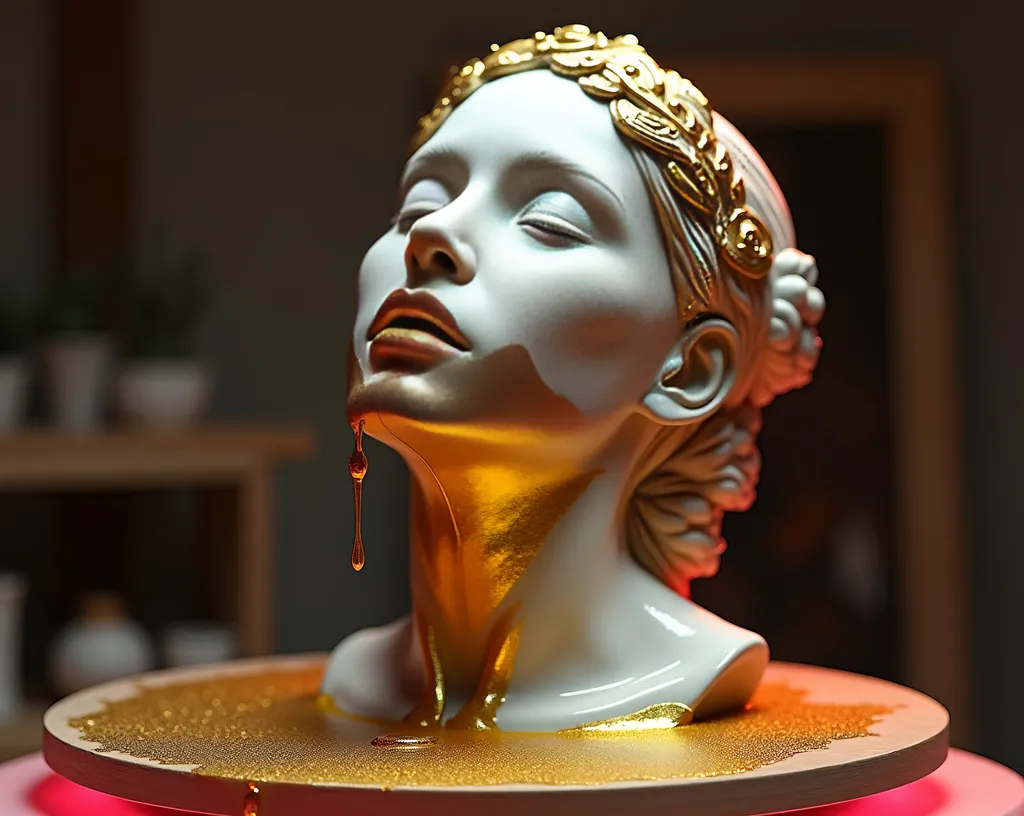 Prompt: rough carved wax statue(subsurface scattering), head neck of a women, thick sparkling gold paint dripping splattering from mouth running dripping down chin, delicate ornate necklace on, gold headband high on head,  elegant tilt to the head, eyes closed, gold paint goo splatter on a wooden turntable, and a jar of gold paint spill, studio lighting, pink rim light, art studio environment, photorealism, hyper real,