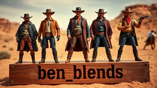 Prompt: Create a high-quality promotional brochure image showcasing a line of articulated toy action figures based on Clint Eastwood’s iconic cowboy characters from classic Western films. The scene should feature detailed action figures posed dynamically, wearing rugged Western outfits, complete with cowboy hats, ponchos, leather boots, and belts with revolvers. The figures should have serious, tough expressions reminiscent of Clint Eastwood’s characters from movies like 'The Good, The Bad, and The Ugly' and 'A Fistful of Dollars.' Include a desert landscape in the background with a dusty, sunlit atmosphere to evoke the Wild West setting. Display the figures on a rustic wooden platform with the words "ben_blends" in a vintage Western font burned into the wood of the platform, The color palette should have warm earth tones, with a focus on authenticity and ruggedness, highlighting the rough, gritty nature of the characters. The brochure layout should allow space for text, such as promotional details or branding, while still emphasizing the figures' features and atmosphere