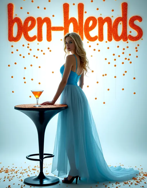 Prompt: professional photography, Letters in the background ("ben_blends") completely visible above the figures head, orange paint, sharp focus, 
 sensual, Nancy Myers, blonde, blue eyes, pale blue sleeveless gown, intense stare, (glitter falling like rain, with various sizes of glitter particles cascading down. The glitter pieces should sparkle in different shades of gold, silver, and iridescent hues, varying in size from tiny specks to larger, shining flakes. The glitter should fall from the top to the bottom of the image, with a sense of depth and motion), high detail,
Standing in black sandals next to a tall bar stool and table, Studio environment, white background, soft lighting blue rim light, Elegant pose,  a martini glass on table,   large and small gems on the floor, smoke  effect behind figure