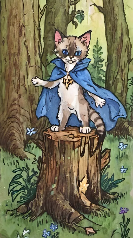 Prompt: At the top of the image, in bold, capitalized letters, include the text 'ADVENTURE STARTS HERE.' Below this text, create a brave Siamese kitten superhero standing confidently on a mossy tree stump in an enchanted forest. The kitten has large pointed ears, bright blue eyes, and is wearing a flowing blue cape with a golden emblem that faintly glows. The forest features tall, ancient trees with dappled sunlight streaming through the leaves, and vibrant wildflowers scattered around the stump. The kitten's fur is slightly tousled by a gentle breeze, and its stance is bold, ready for an adventure.