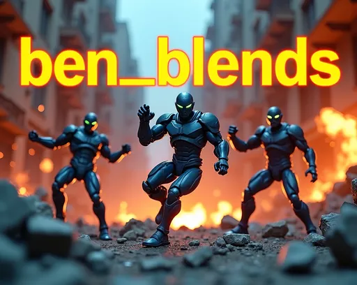 Prompt: Create a dynamic scene of action figures in an intense battle. The figures should be positioned in mid-action, showcasing a variety of dramatic poses like jumping, punching, and dodging, Above the figures include bold stylized text that reads “ben_blends” in a prominent eye-catching font, the text should be positioned to complement the action figure without obstructing key details, using a color that contrasts well with the background for visibility, The setting is an urban environment with crumbling buildings and debris, adding a sense of destruction and chaos. Each figure should have distinct features, including futuristic armor, glowing weapons, and exaggerated expressions. The scene should be filled with energy and motion, with sparks flying, rubble falling, and bright flashes of light from explosions or energy blasts. The color palette should be vibrant, with strong contrasts between the figures and the background to emphasize the intensity of the fight, wide angle shot, include the entire figure in the shot, studio lighting effects, commercial photograph, dynamic composition, intricate details, (professional product shot), ultra-detailed, high quality 4K clarity, artful balance of light and shade.