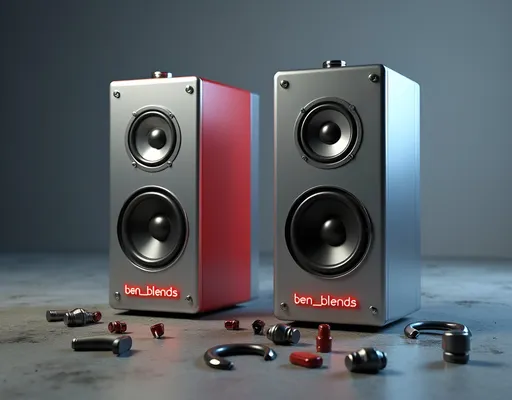 Prompt: modern sleek minimalist cabinet speakers (pair), small words "ben_blends" in red letter decal, rough concrete floor, smooth gradient background, metallic silver and red, scattered around are small various radio electrical component parts, high quality rendering, realistic 3D modeling, industrial, detailed components, dramatic lighting, studio lighting effects, faint blue rim light, commercial photograph, transparent shadows, dynamic composition, product shot, intricate details, professional, highres, ben_blends design