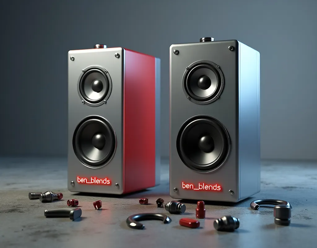 Prompt: modern sleek minimalist cabinet speakers (pair), small words "ben_blends" in red letter decal, rough concrete floor, smooth gradient background, metallic silver and red, scattered around are small various radio electrical component parts, high quality rendering, realistic 3D modeling, industrial, detailed components, dramatic lighting, studio lighting effects, faint blue rim light, commercial photograph, transparent shadows, dynamic composition, product shot, intricate details, professional, highres, ben_blends design