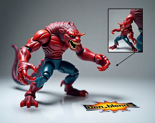 Prompt: Create a high-quality image of a toy beast action figure prominently displaying its articulation features. The figure should be in a dynamic pose that highlights the flexibility of its joints, such as bending at the knees, elbows, and shoulders. Include close-up shots of the articulation points (e.g., ball joints, hinges) to emphasize the range of motion. The figure should be set against a neutral background to avoid distractions, with a spotlight focused on the articulation areas. Incorporate labels or arrows indicating the articulated joints, and use a vibrant color scheme for the figure to make it visually appealing. The overall composition should convey the figure's playability and detailed craftsmanship, laying flat on the ground is a die cut sticker with the text "ben_blends", professional photography, studio environment