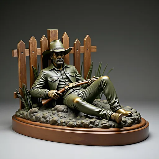 Prompt: detailed brass sculpture, cowboy figure, lying on the ground, relief sculpted bushes and tall grass surrounding him, brass sculpted double barrel gun in his lap, leaning up against a brass sculpted rustic worn fence, large Stained walnut wood base, dark green tarnish (creases) , product shot, Professional studio environment, soft studio lighting, high quality details, soft gradient seamless background