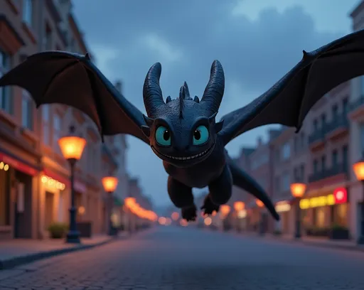 Prompt: In large letters on a sign in the background are the letters ("ben_blends"),The scene is rendered in a Pixar-style, black night dragon, blue eyes, Action shot, flying through the air, low to the ground, wide angle, at dusk,