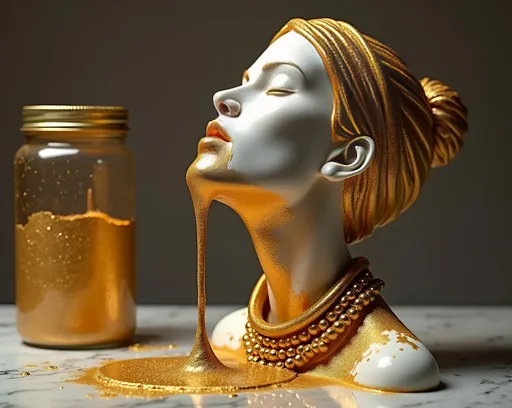 Prompt: rough carved wax statue subsurface scattering, head neck of a women, thick sparkling gold paint dripping splattering from mouth running dripping down chin, delicate ornate necklace on, gold headband high on head, elegant tilt to the head, eyes closed, gold paint goo splatter on a marble table, and a large paint covered jar of gold paint spill, studio lighting, pink rim light, art studio environment, photorealism, hyper real, moderate light bloom