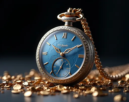 Prompt: luxury pocket watch and chain, blue titanium body, frosted etched glass covering the face,  with small words "ben_blends", watch hands made of gold delicate intricate design, watch face has inlaid diamonds, NO numbers, NO roman numerals, on the watch face, various sized gold flakes scattered on the floor making dynamic interest, high quality rendering, realistic 3D modeling, industrial, detailed components, dramatic lighting, cool lighting effects, commercial photograph, mechanical, intense shadows, dynamic composition, product shot, intricate details, metallic textures, professional, highres, ben blends design