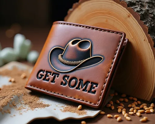 Prompt: a wallet with a cowboy hat on it sitting next to a tree stump with a sign that says get some, Dennis Ashbaugh, verdadism, behance hd, a 3D render