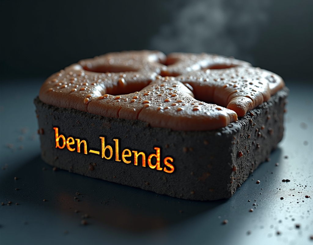 Prompt: high quality rendering, realistic 3D modeling, industrial, with the words "ben_blends" embossed(focal point), detailed components, dramatic lighting, studio lighting effects, commercial photograph, transparent shadows, dynamic composition, product shot, intricate details, professional, highres, ben_blends design