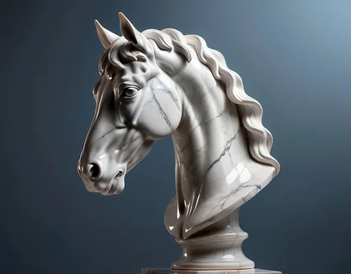 Prompt: a marble statue, horse head, a perfectly lit shot, studio environment, photorealistic, make it as a mock-up photo, 3 point studio lighting, (blue rim light) soft grey gradient background