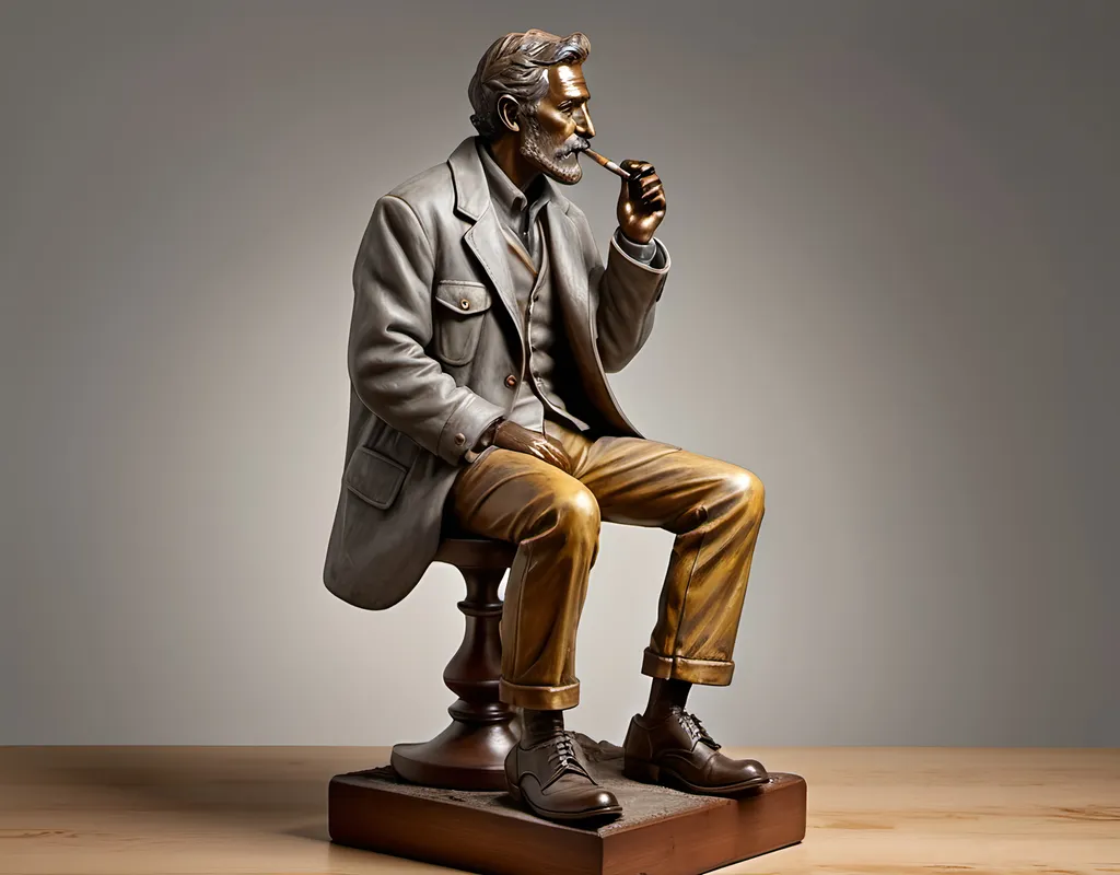 Prompt: a bronze statue, man sitting on a stool holding a tobacco pipe, wearing wool jacket and worn out leather shoes, on a wooden base sitting on a table, studio environment, photorealistic, make it as a mock-up photo, 3 point lighting with yellow gold rim light, soft grey gradient background