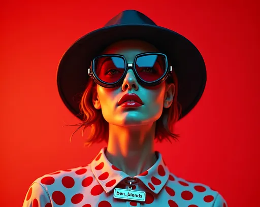 Prompt: (woman wearing a polka dot hat and goggles, on a pendent near the collar are the words "ben_blends" in small white letters, polka dot top), vibrant red background, inspired by (pop art), capturing (fashion photography) essence, colorful and bold design elements, high contrast and strong lines, flashy and energetic atmosphere, (2D art style), (ultra-detailed), masterpiece of contemporary fashion aesthetics high quality rendering, realistic 3D modeling, industrial, detailed components, dramatic lighting, studio lighting effects, commercial photograph, transparent shadows, dynamic composition, product shot, intricate details, professional, highres, ben_blends design