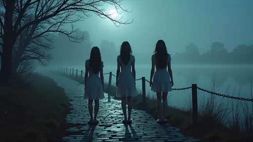 Prompt:  A fog-drenched, moonless night at the edge of a shadowy lake. Three young women stand frozen on a cobblestone path that shifts subtly underfoot. Their wild hair is matted with mist, and their torn dresses cling to their pale, trembling bodies. Broken lanterns emit deceptive glows, flickering with false hope before extinguishing when approached. Arcane symbols carved into weathered posts pulse like a heartbeat, shifting whenever the women avert their eyes. The eerie silence is broken by echoing footsteps that continue even after they stop, hinting at an unseen follower.