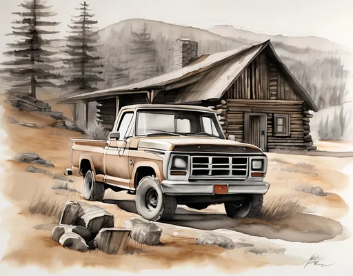 Prompt: rustic log cabin nestled in a valley,  ford pick up truck parked in front, in shades of gray and burnt umber, ink and wash on paper,